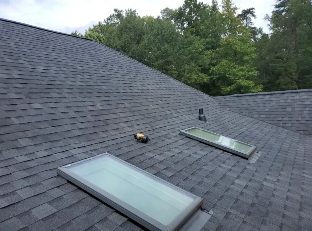 Gold Medal Roofing's stunning Atlas Pinnacle Pristine Black Shadow shingle roof installation, complemented by newly installed skylights.