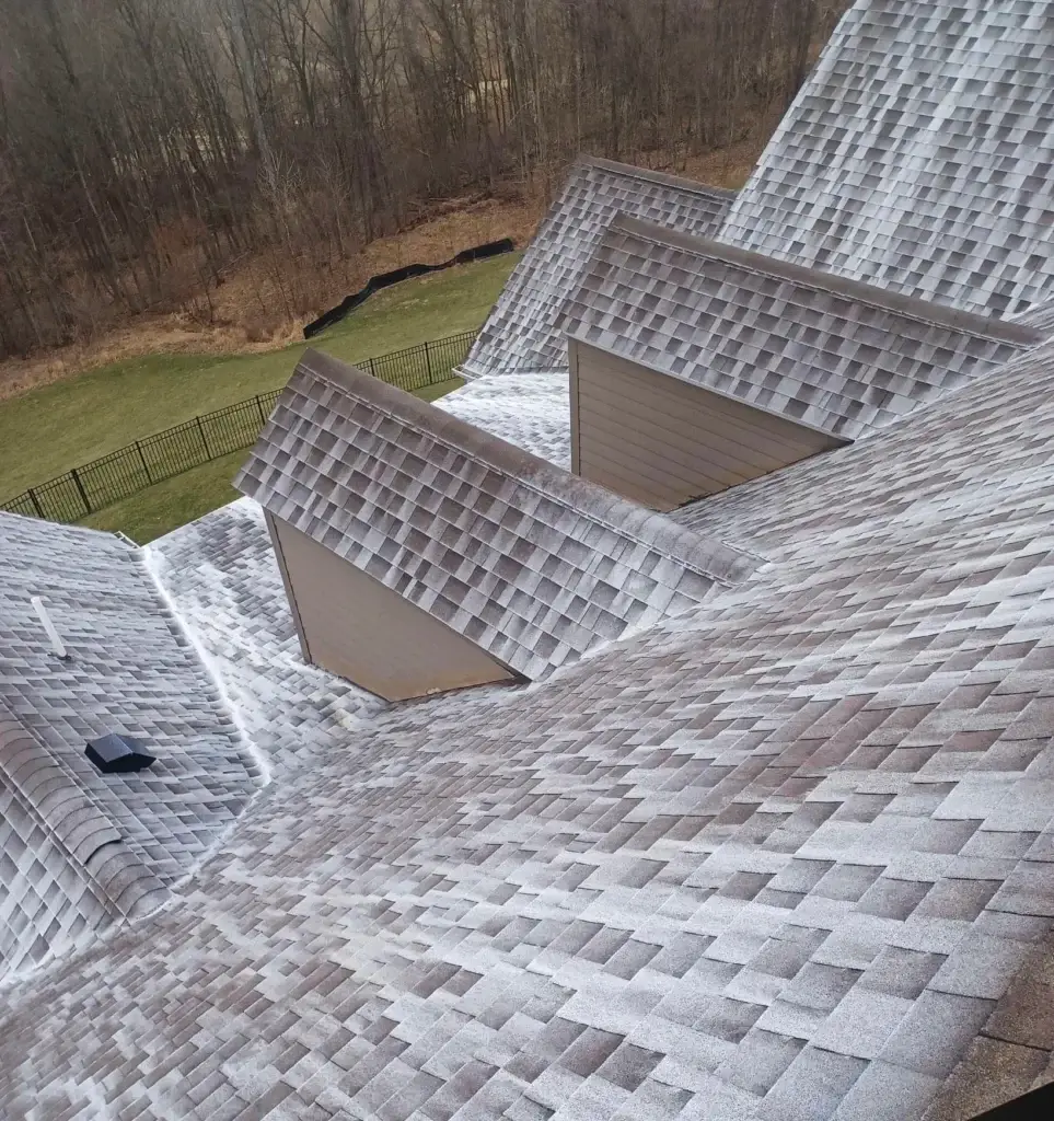 ray shingle roof with skylights, surrounded by lush greenery and trees, secured by a black fence. A specialized roof coating solution has been applied, safeguarding and prolonging the lifespan of the shingles through proactive roof maintenance.